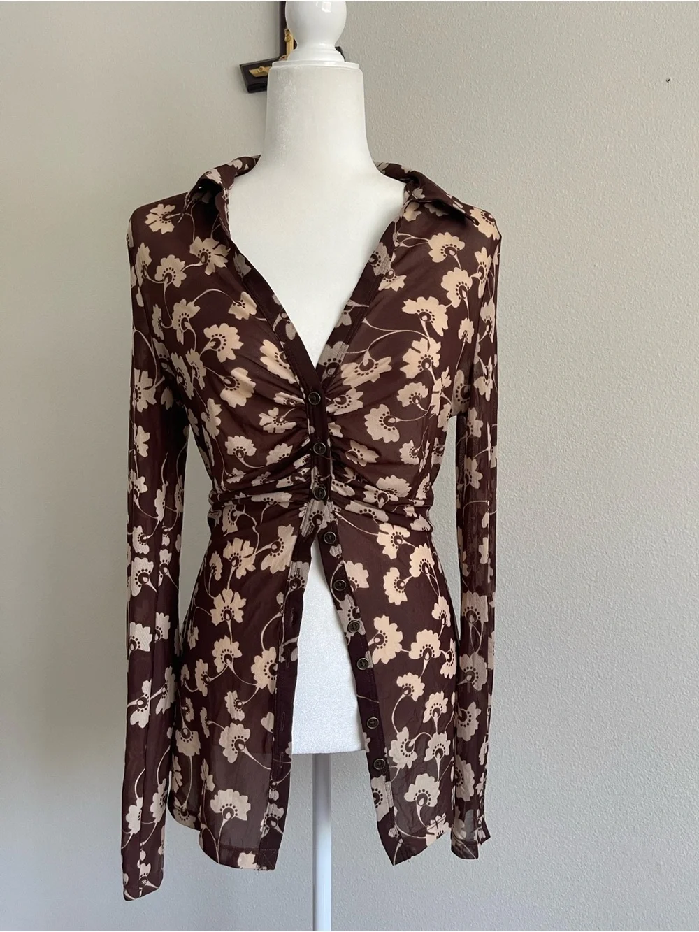 Free People Brown and Cream Floral Sheer Blouse